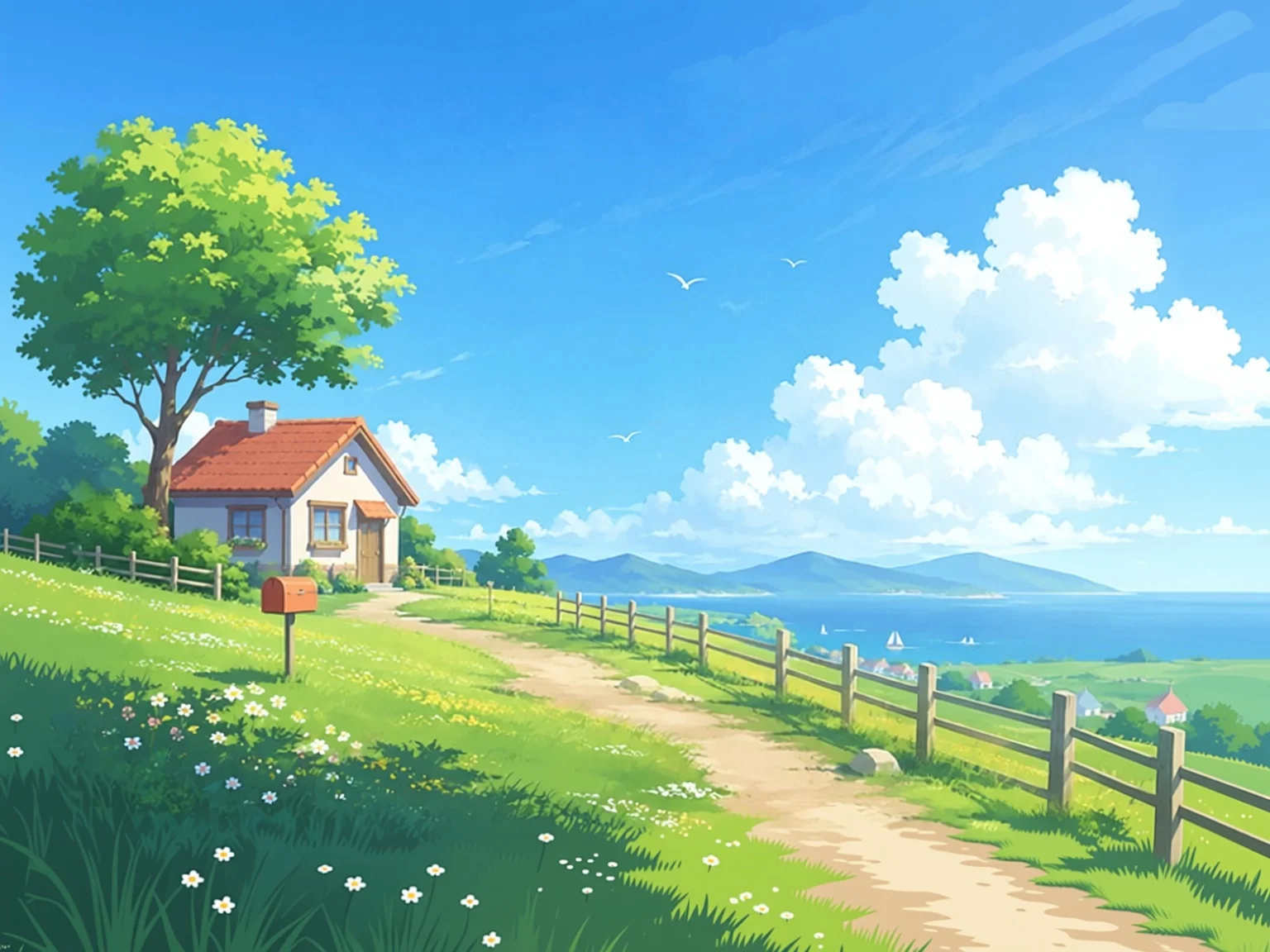 AI image extender example: lakeside cottage illustration expanded to 4:3