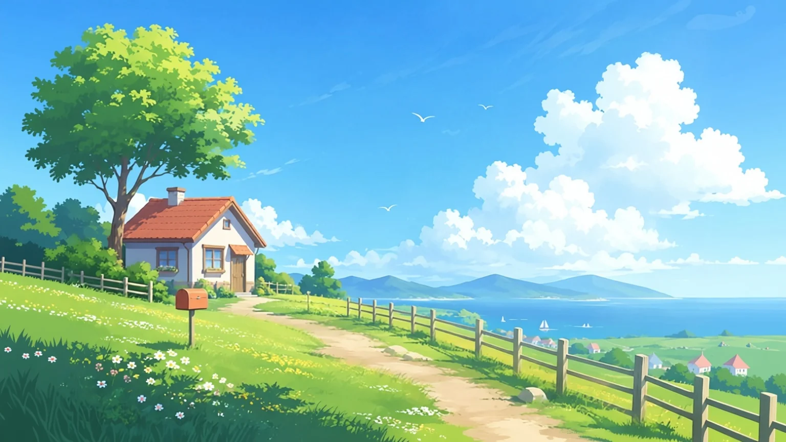 AI image extender example: lakeside cottage illustration expanded to 16:9