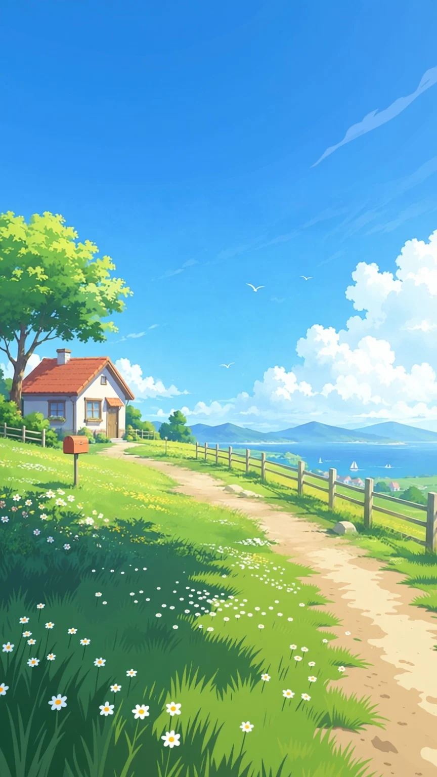 AI image extender example: lakeside cottage illustration expanded to 9:16