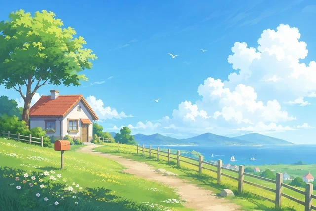 Original lakeside cottage illustration before AI image extension
