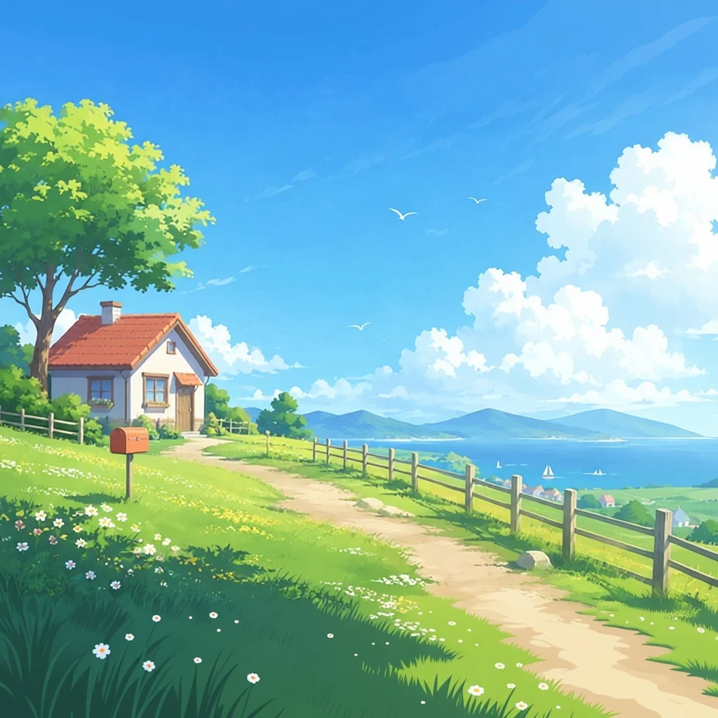 AI image extender example: lakeside cottage illustration expanded to 1:1